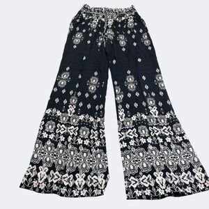 Meraki Boho Wide Leg Pants Black White Medallion Print Festival Palazzo LARGE
